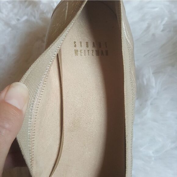 Stuart Weitzman Vintage Heels Pumps Gold Elastic Top Trim Block Heel Size 7.5 - Picture 14 of 16